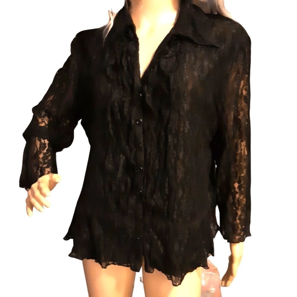 Vintage Coldwater Creek Blouse Floral‎ Black Lace Button Front sz M